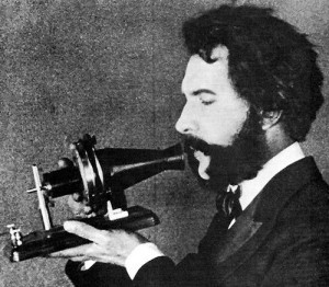 Alexander Graham Bell with the first telephone Alexander Graham Bell with the first telephone