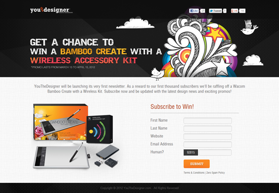 Our very first newsletter's signup and giveaway splash page!