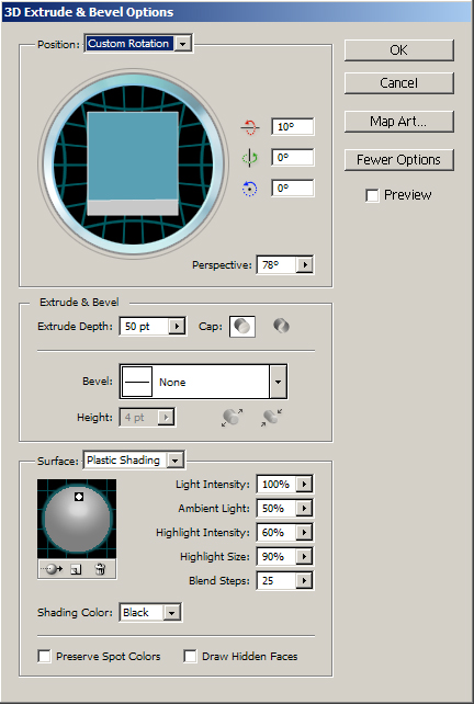 Extrude and Bevel settings