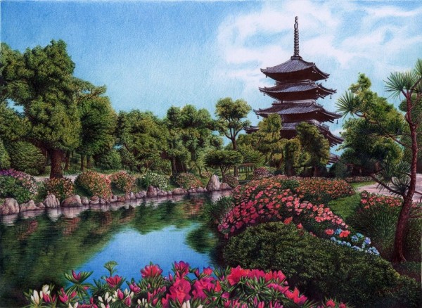 "Palace garden in Kyoto, Japan" - Ballpoint Pen Artwork by Samuel Silva "Palace garden in Kyoto, Japan" - Ballpoint Pen Artwork by Samuel Silva