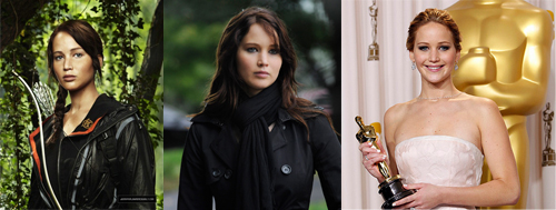 Actress Jennifer Lawrence as Katniss Everdeen in "The Hunger Games" (left), as Tiffany Maxwell in "Silver Linings Playbook" (center) and during the 85th Academy Awards (right).